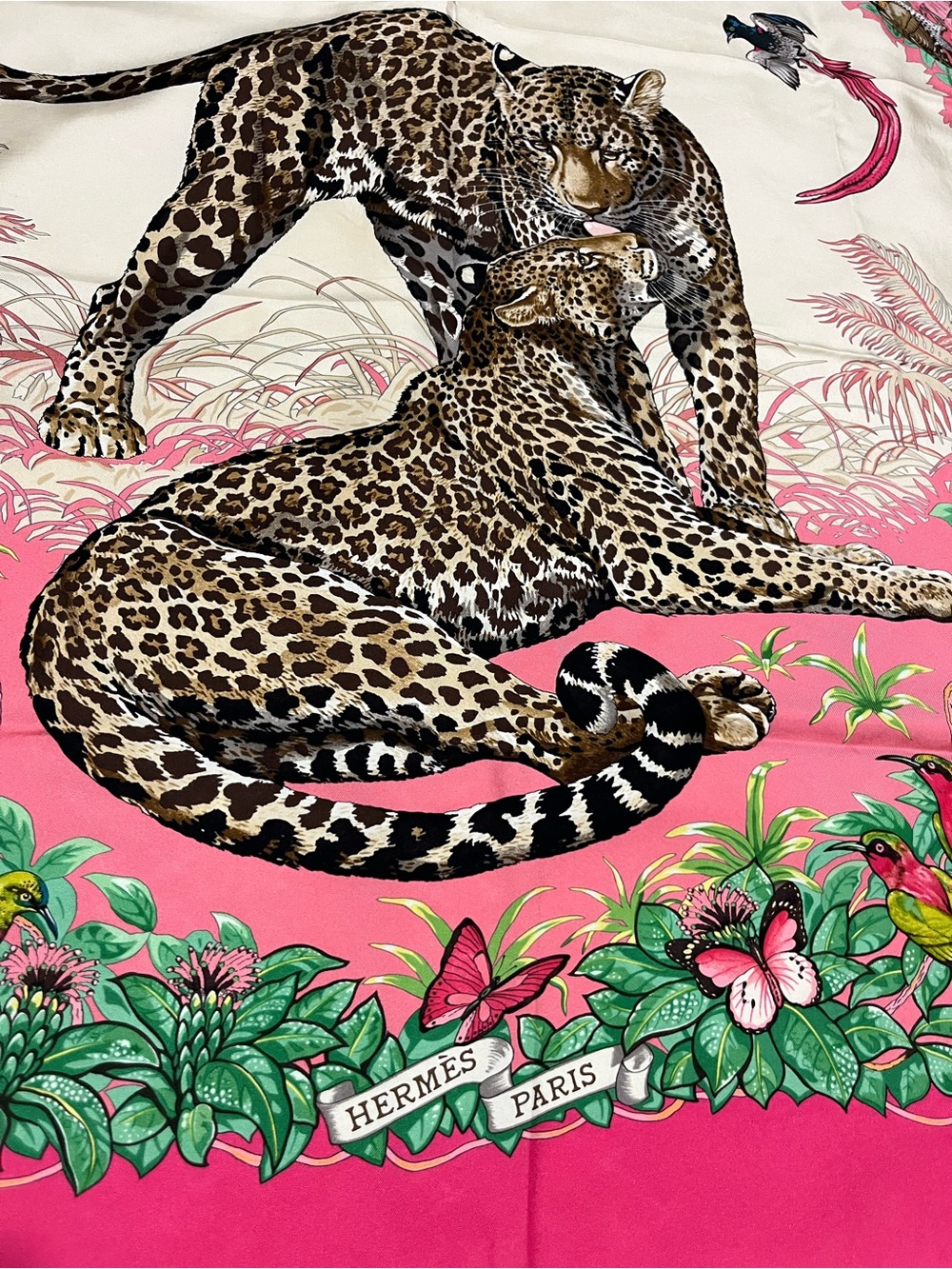 Hermès Carre 90 Pink and Cream “Jungle Love”  Scarf